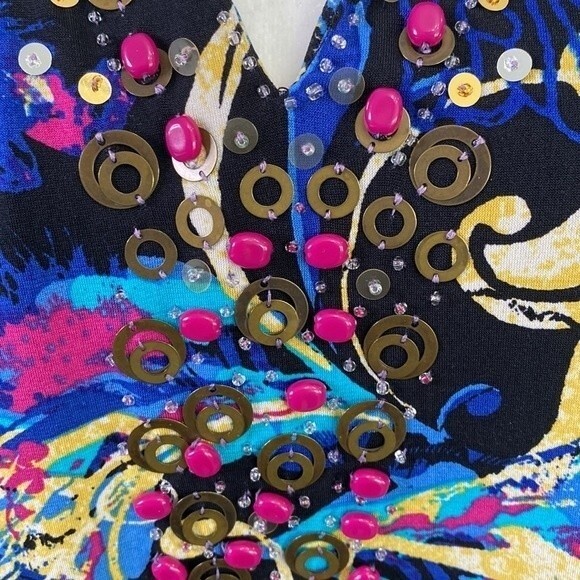 Style & Co Beaded Tunic Top Multicolored Leaves Print 3/4 Sleeve V-Neck Stretchy - Picture 3 of 16